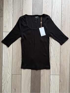 Quince Black Organic Cotton Micro-Rib Elbow Tee NWT Size Small